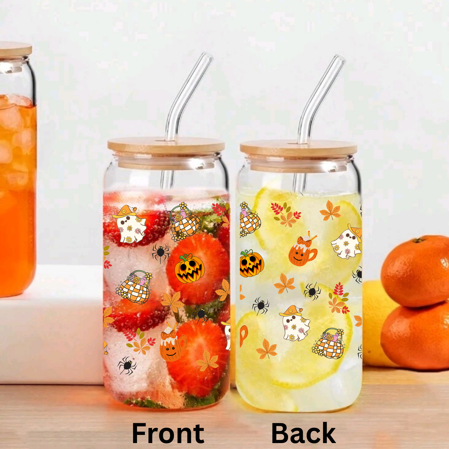 Halloween Pumpkin Glass Can Cup Set β Clear Tumbler with Lid, Straw & Cleaner, 16oz/20oz