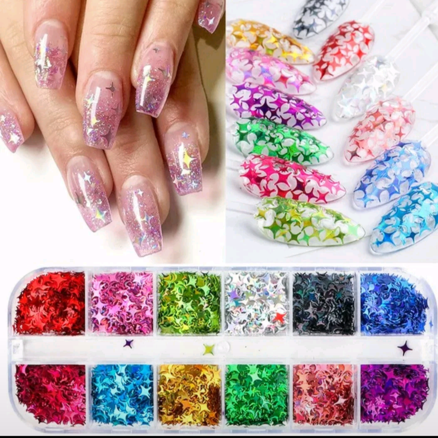 12 Color set 3D STAR Nail Glitter Sequins, Nail Art design, nail Flakes