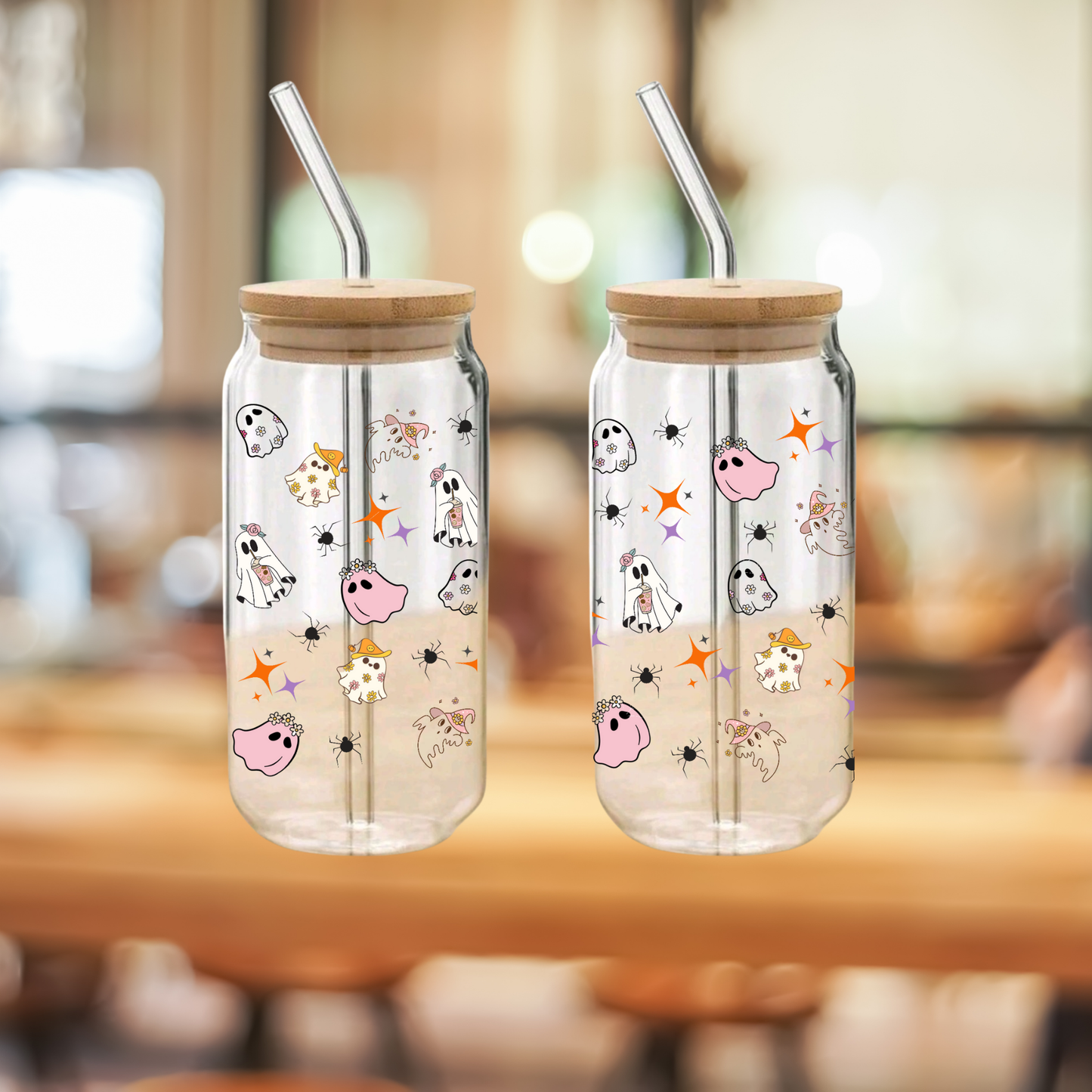 Cute Ghost Halloween Clear Glass Tumbler Set – 16oz/20oz with Bamboo Lid, Straw & Brush