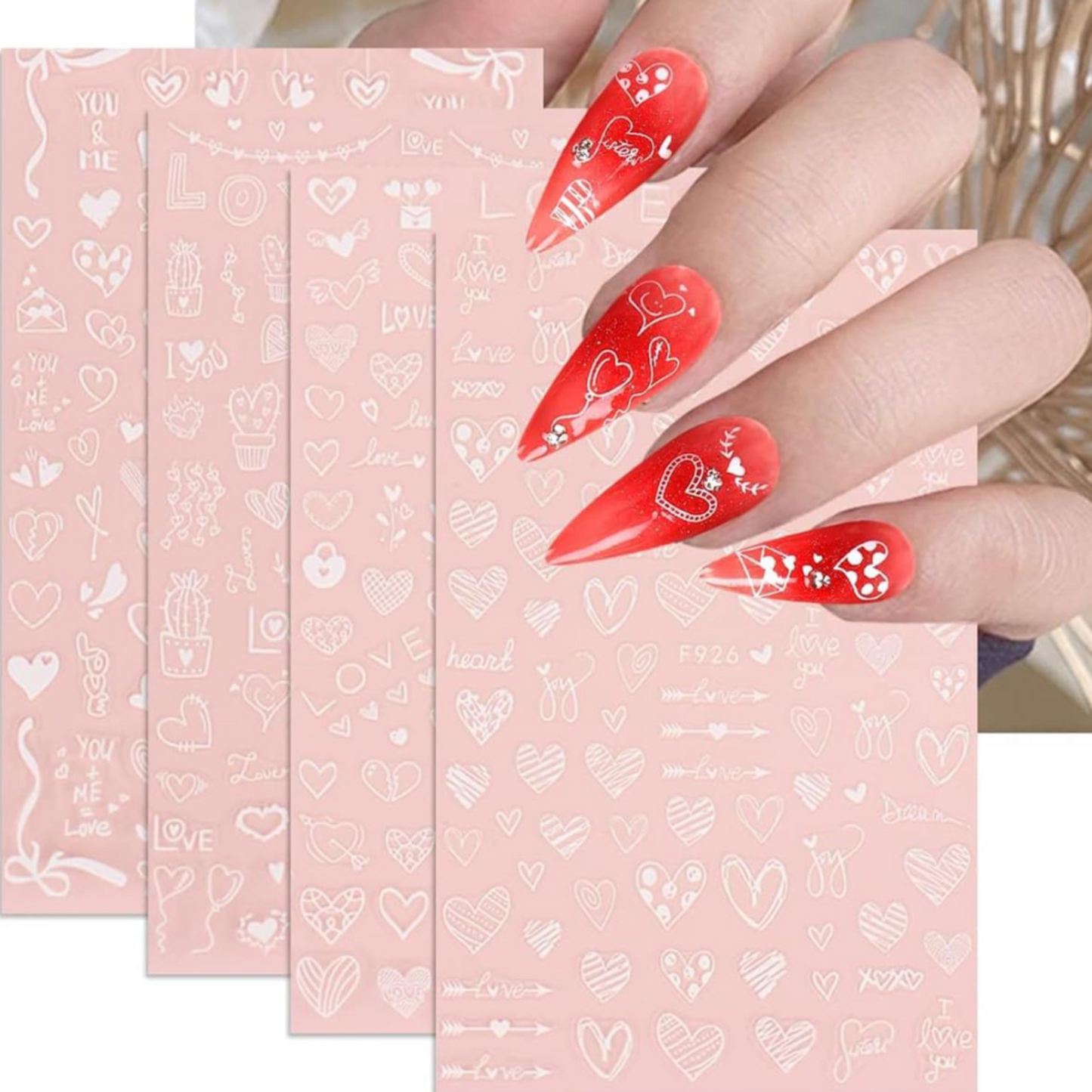White Love Heart Nail Art Stickers β Self-Adhesive Romantic Valentine Decals