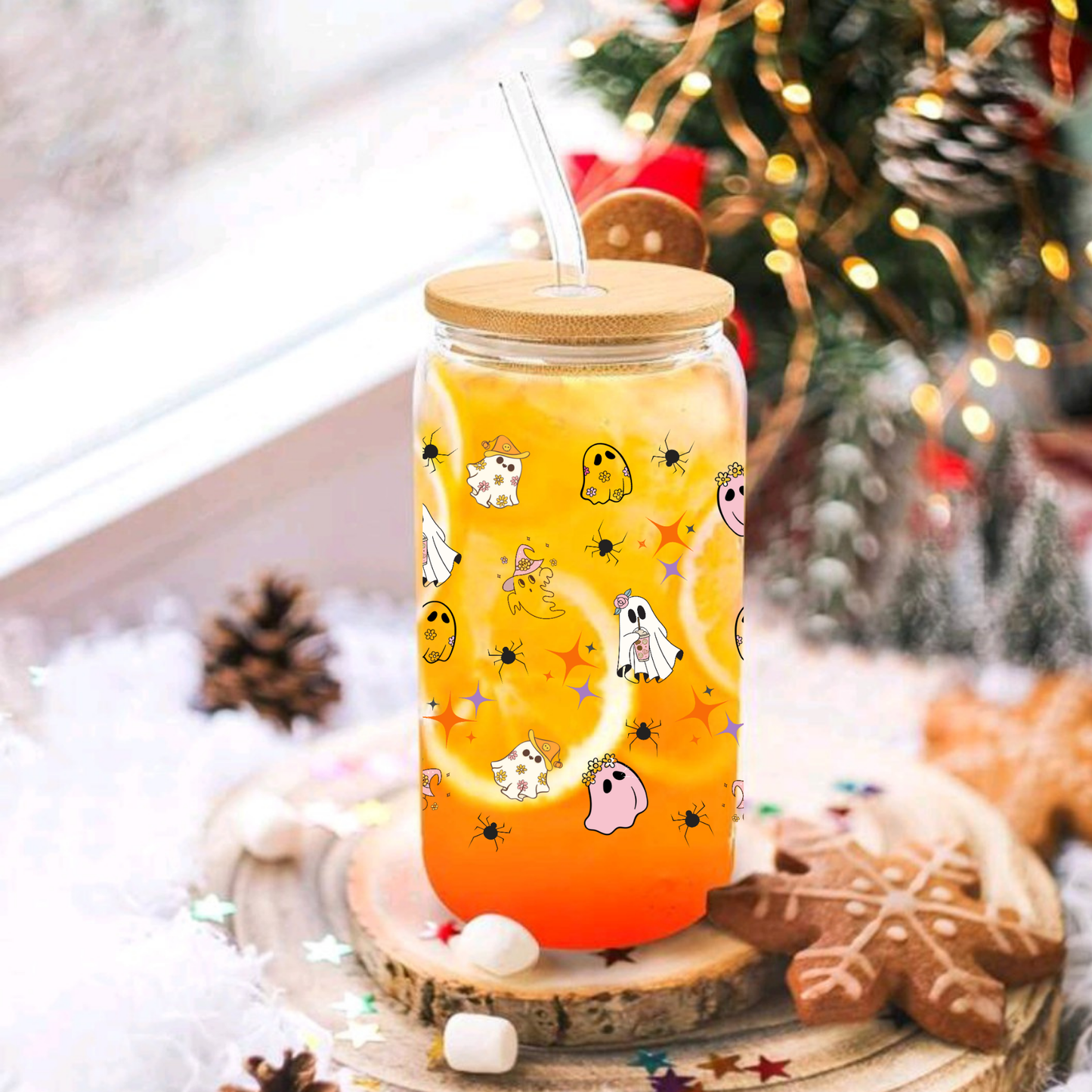 Cute Ghost Halloween Clear Glass Tumbler Set – 16oz/20oz with Bamboo Lid, Straw & Brush