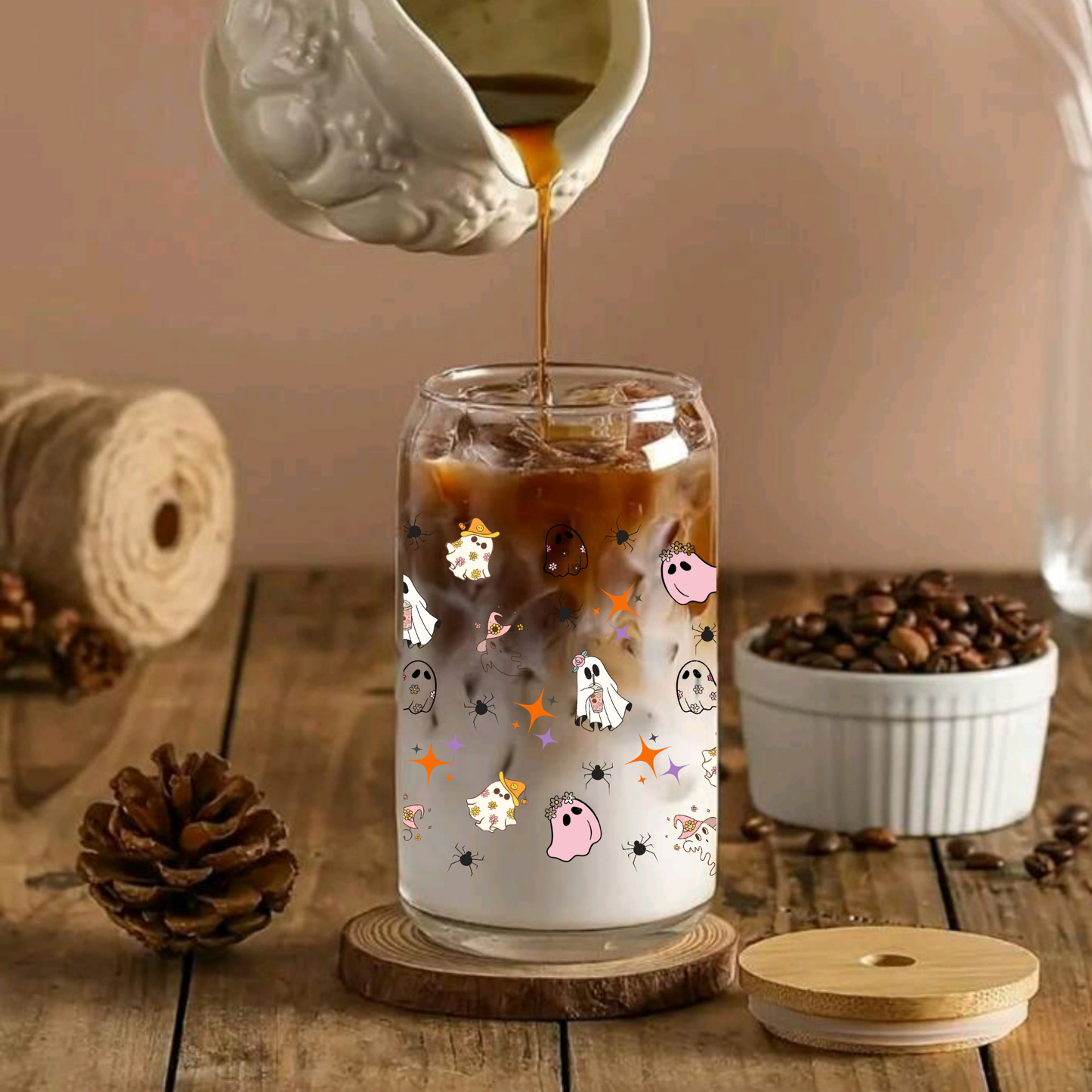 Cute Ghost Halloween Clear Glass Tumbler Set – 16oz/20oz with Bamboo Lid, Straw & Brush