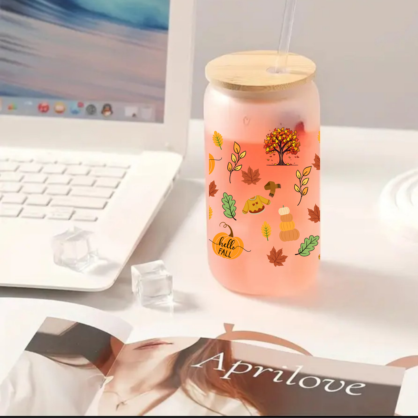 Cute Autumn Forest Glass Cup โ 16oz/20oz โ Fall Aesthetic Drinkware Gift