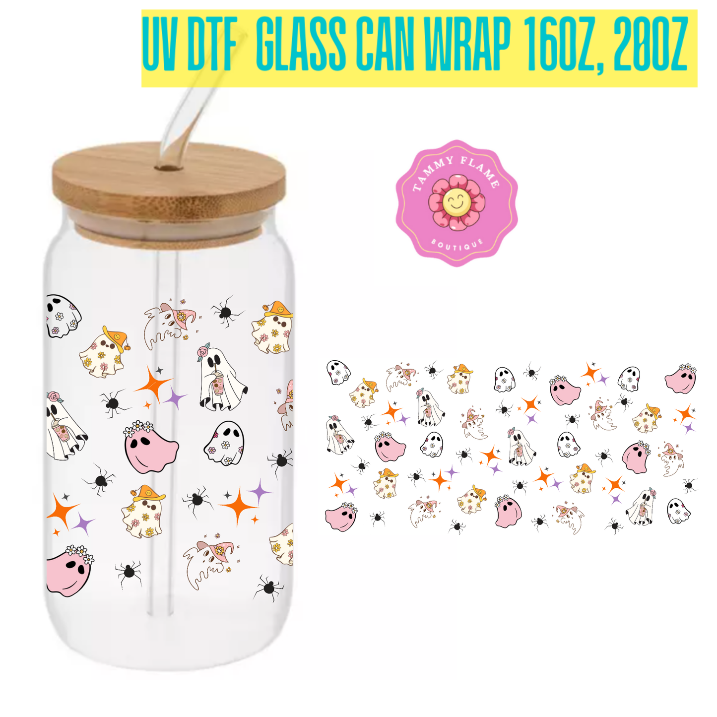 Cute Ghost Halloween Clear Glass Tumbler Set – 16oz/20oz with Bamboo Lid, Straw & Brush