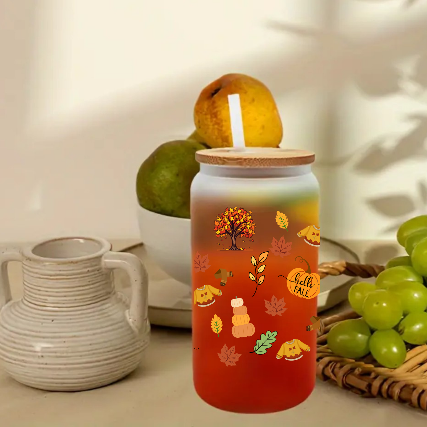 Cute Autumn Forest Glass Cup โ 16oz/20oz โ Fall Aesthetic Drinkware Gift