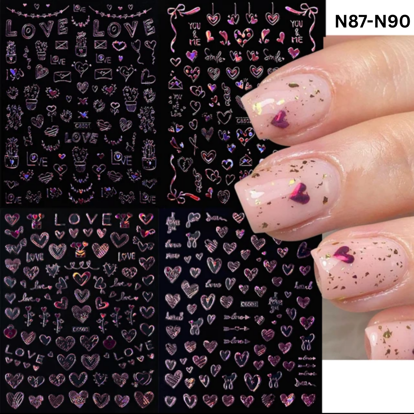 Pink Hologram Love Heart Nail Art Stickers โ Shiny Self-Adhesive Valentine Decals