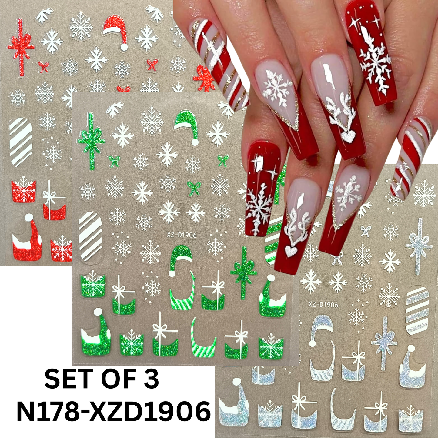 Merry Christmas Nail Stickers – Candy Stripe & Reindeer Design