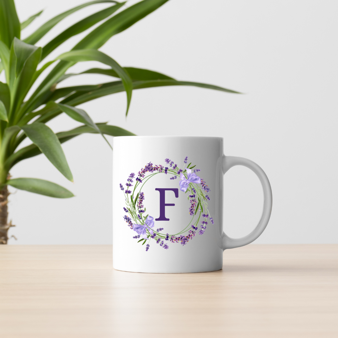 Floral Alphabet Letter A-Z Lavender Wreath Design,Personalized 12oz Ceramic Mug