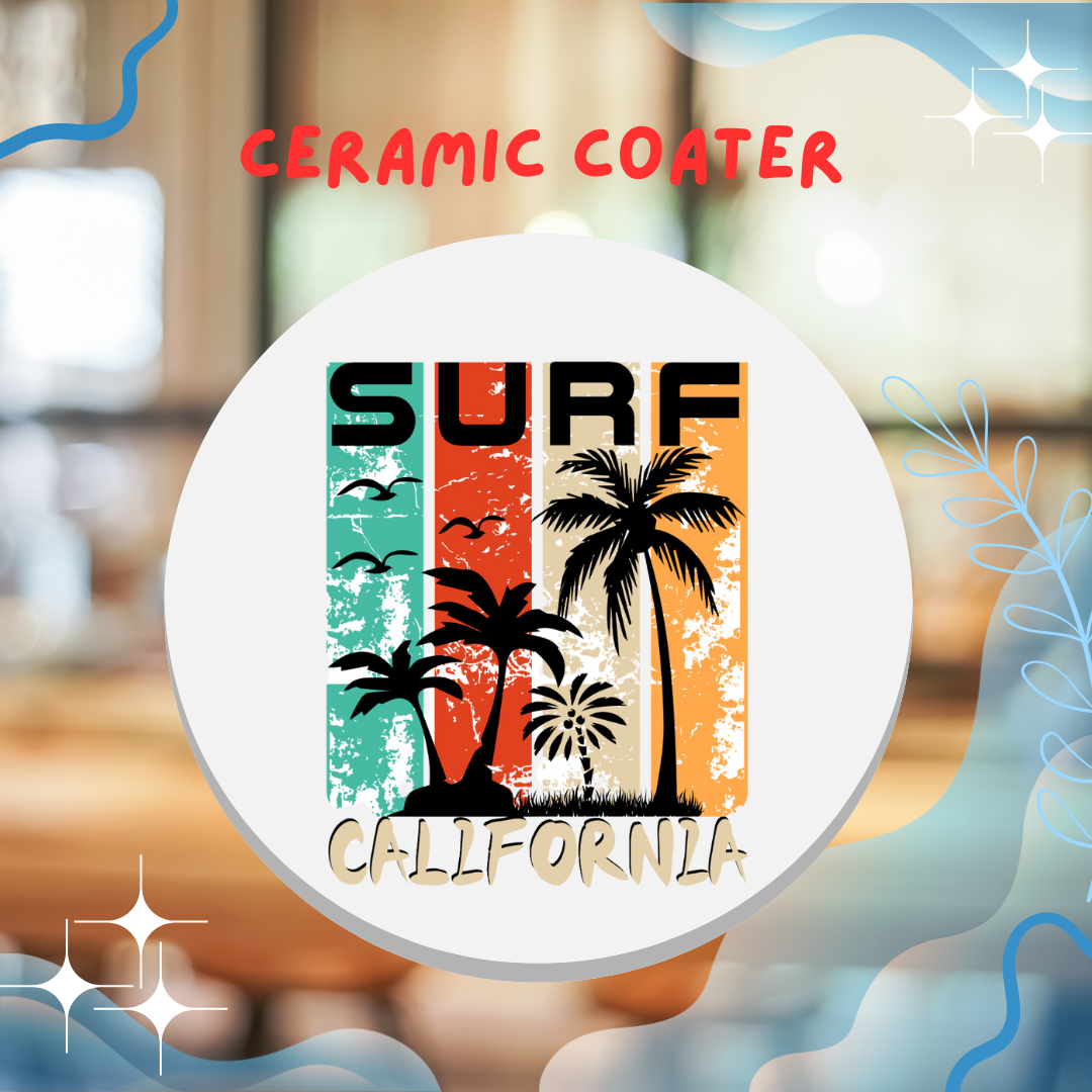Ceramic Coaster Set - SURF California Design (4 Inches, Set of 2)