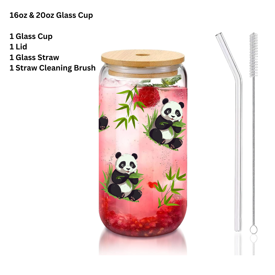 Panda with leaves glass cup, cartoon cup, Iced Coffee Glass cup with lid and Straw Personalized gift for Birthday,for kid 16oz, 20oz