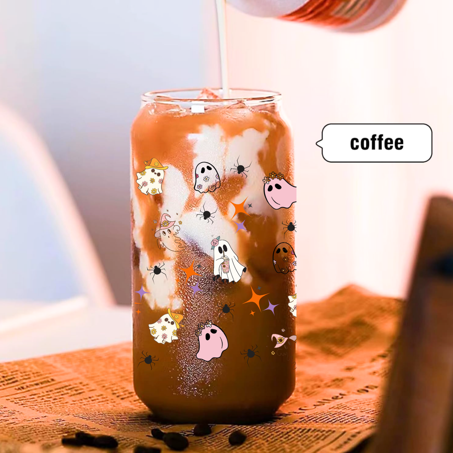 Cute Ghost Halloween Clear Glass Tumbler Set – 16oz/20oz with Bamboo Lid, Straw & Brush