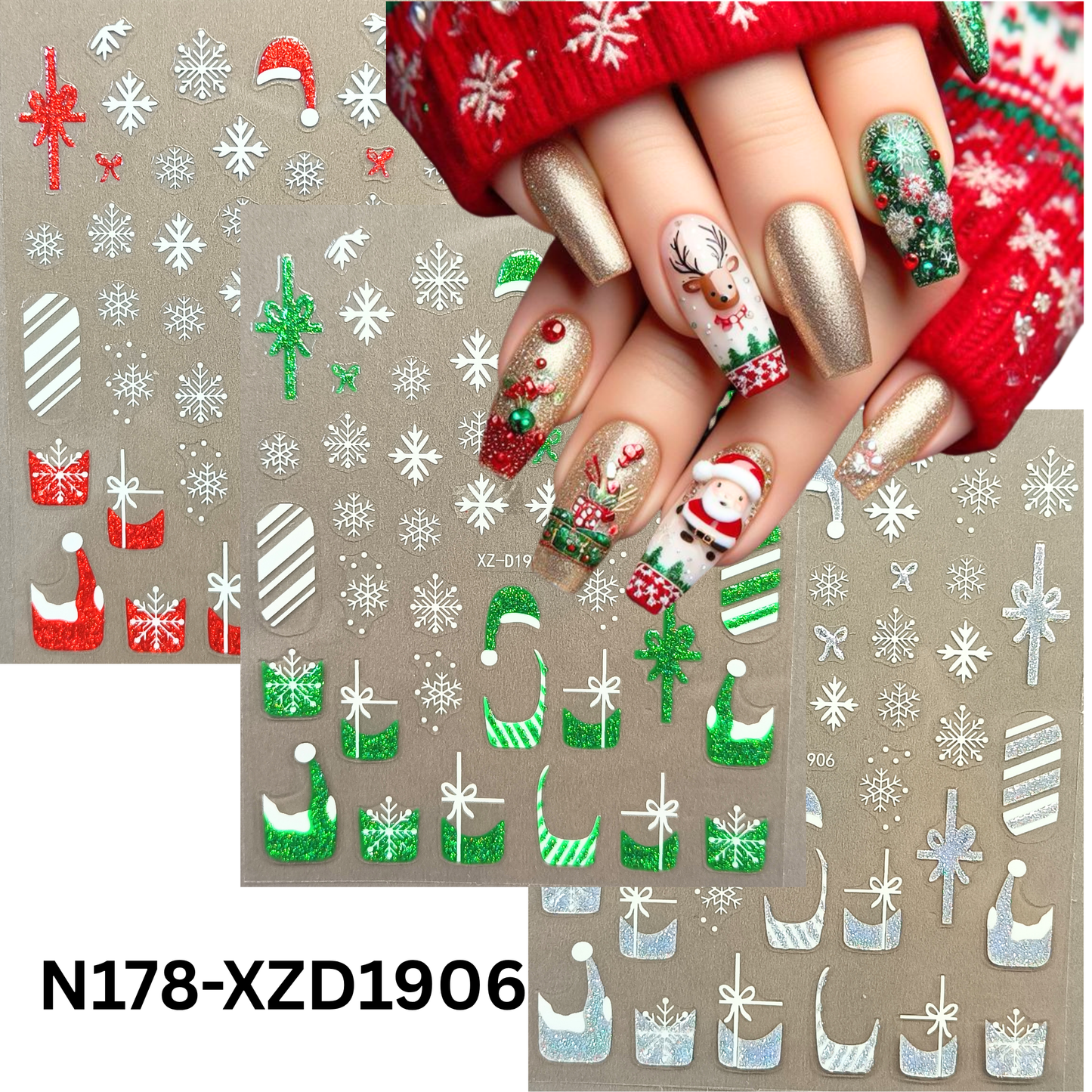 Merry Christmas Nail Stickers – Candy Stripe & Reindeer Design