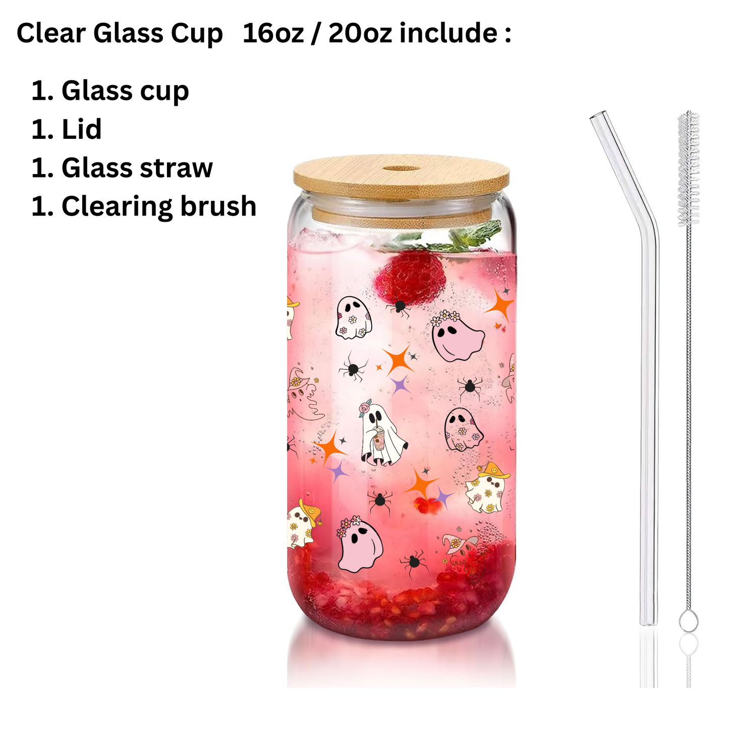 Cute Ghost Halloween Clear Glass Tumbler Set – 16oz/20oz with Bamboo Lid, Straw & Brush