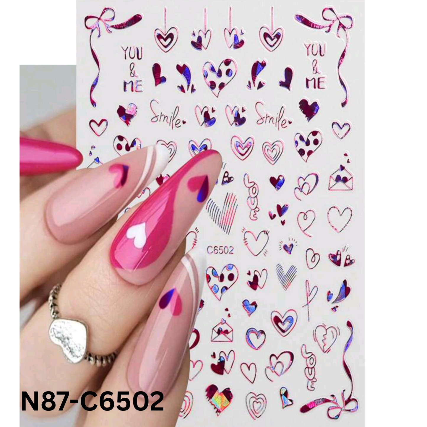 Pink Hologram Love Heart Nail Art Stickers โ Shiny Self-Adhesive Valentine Decals