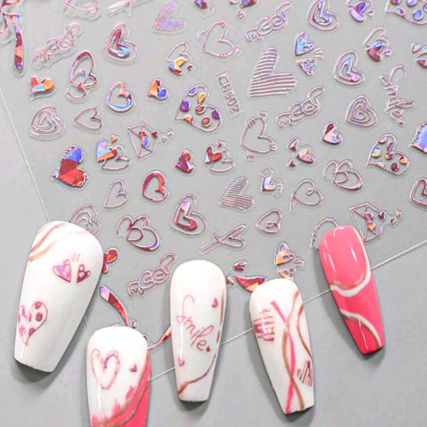 Pink Hologram Love Heart Nail Art Stickers โ Shiny Self-Adhesive Valentine Decals