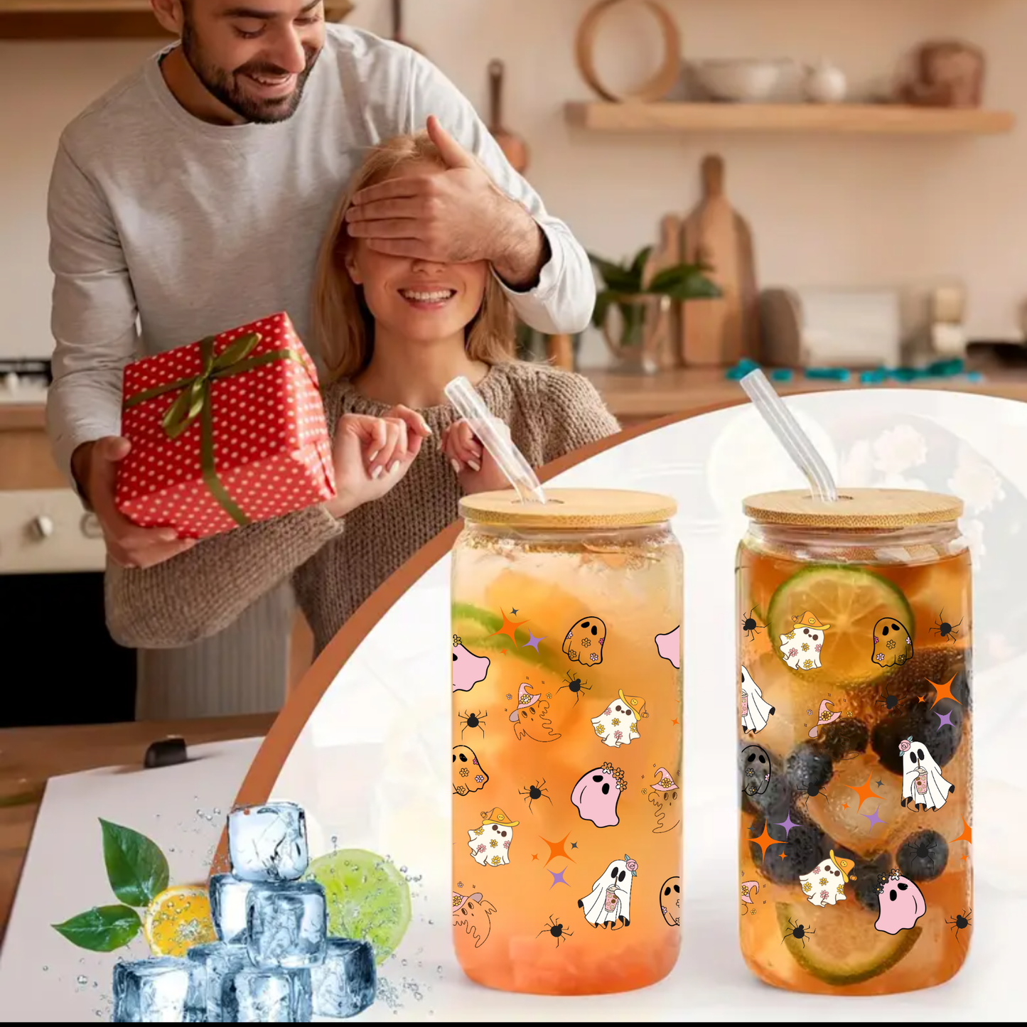 Cute Ghost Halloween Clear Glass Tumbler Set – 16oz/20oz with Bamboo Lid, Straw & Brush