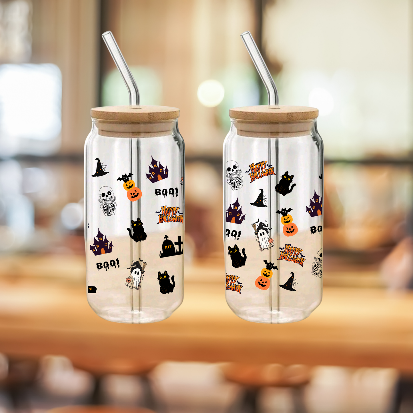 Cute Halloween Glass Tumbler โ Ghost โBooโ, Pumpkin, Witch Hat & Black Cat Design โ 16oz/20oz with Bamboo Lid & Straw