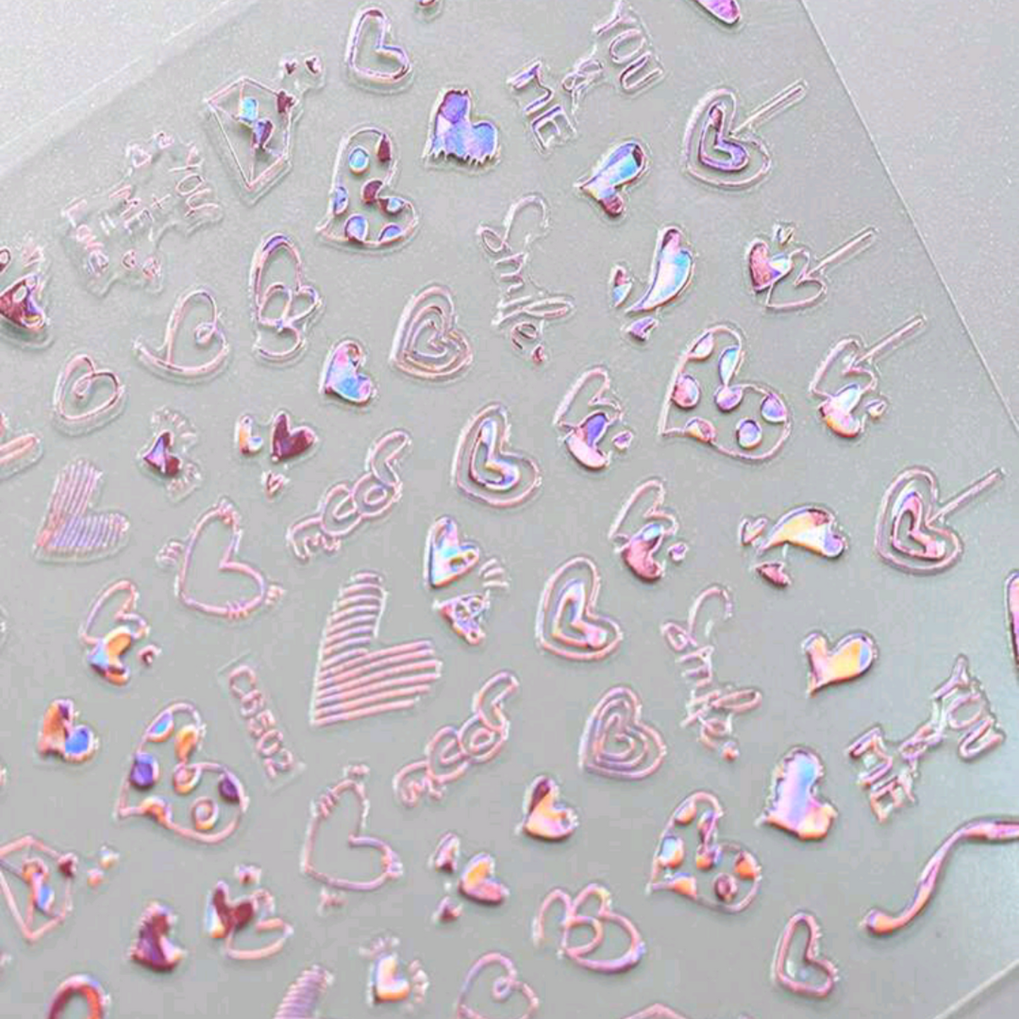 Pink Hologram Love Heart Nail Art Stickers โ Shiny Self-Adhesive Valentine Decals
