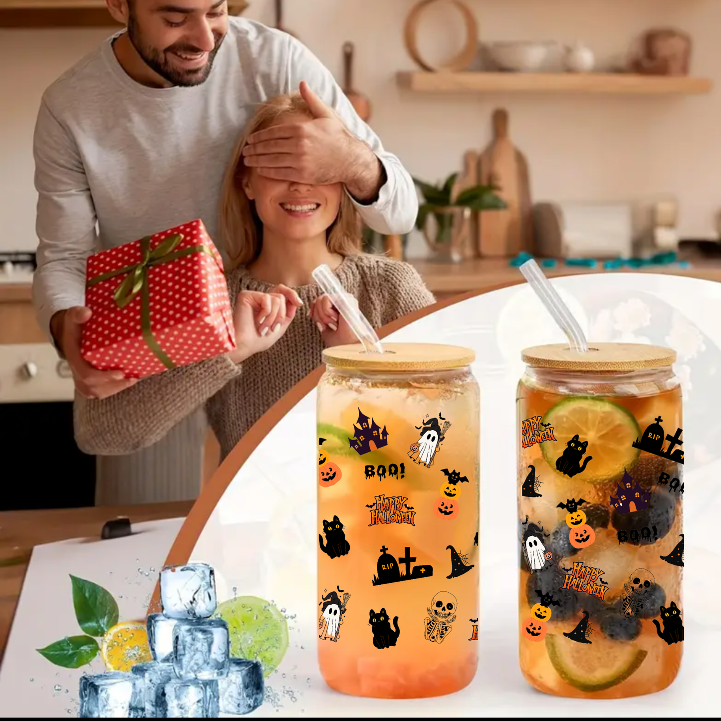Cute Halloween Glass Tumbler โ Ghost โBooโ, Pumpkin, Witch Hat & Black Cat Design โ 16oz/20oz with Bamboo Lid & Straw