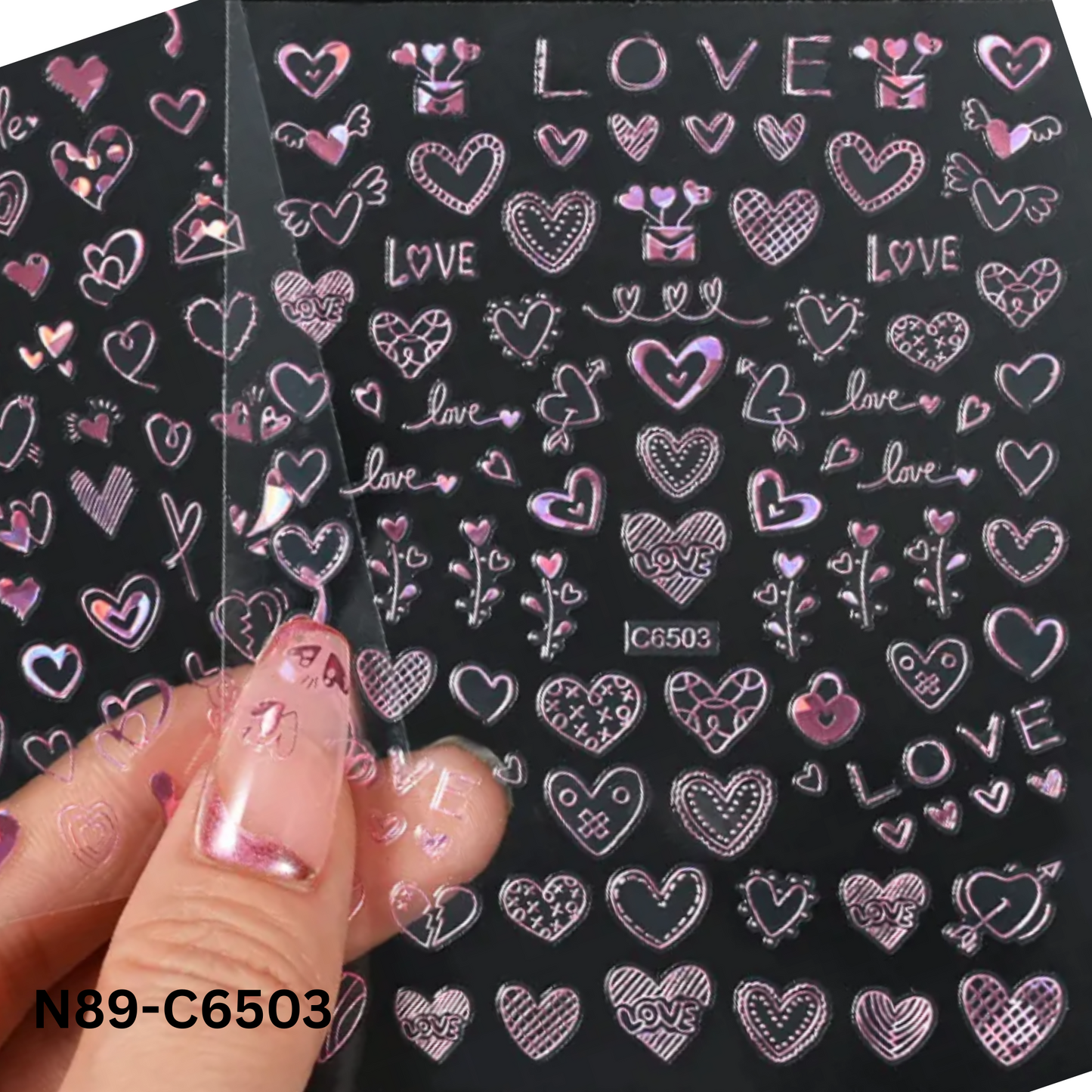 Pink Hologram Love Heart Nail Art Stickers โ Shiny Self-Adhesive Valentine Decals