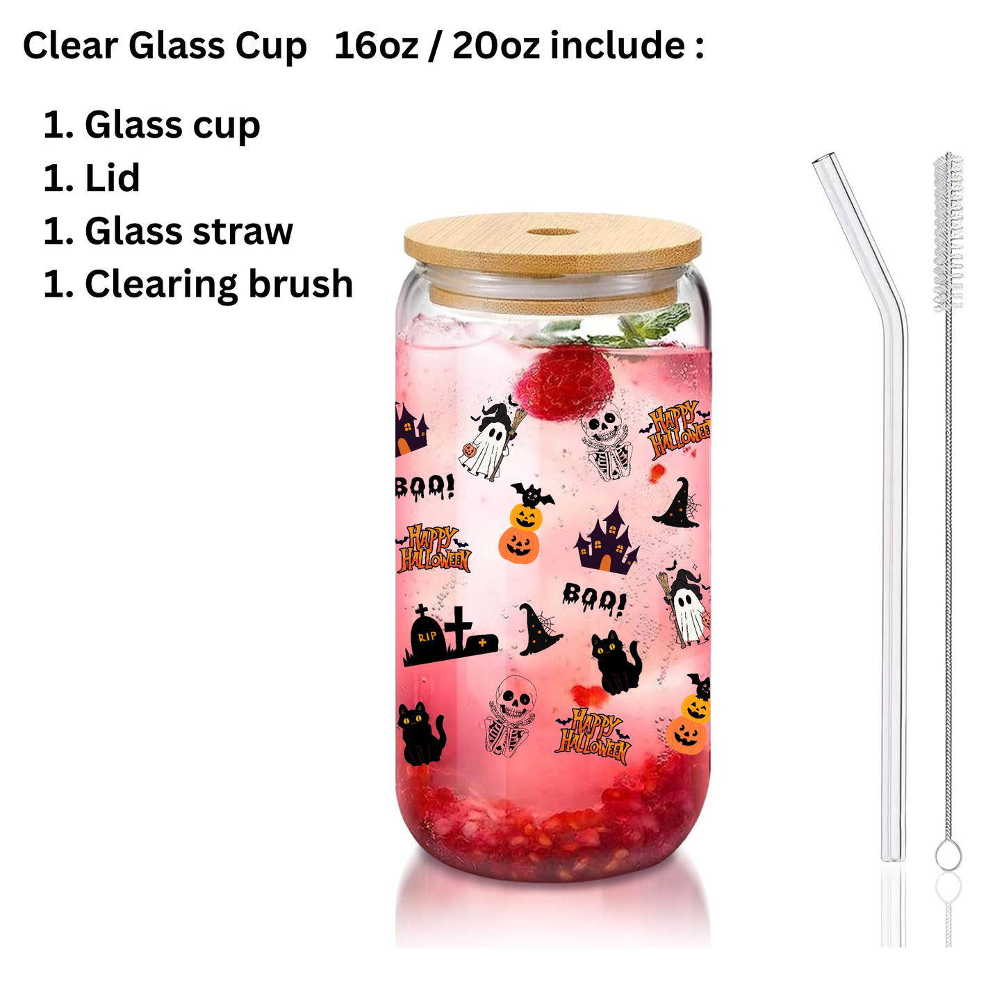 Cute Halloween Glass Tumbler โ Ghost โBooโ, Pumpkin, Witch Hat & Black Cat Design โ 16oz/20oz with Bamboo Lid & Straw