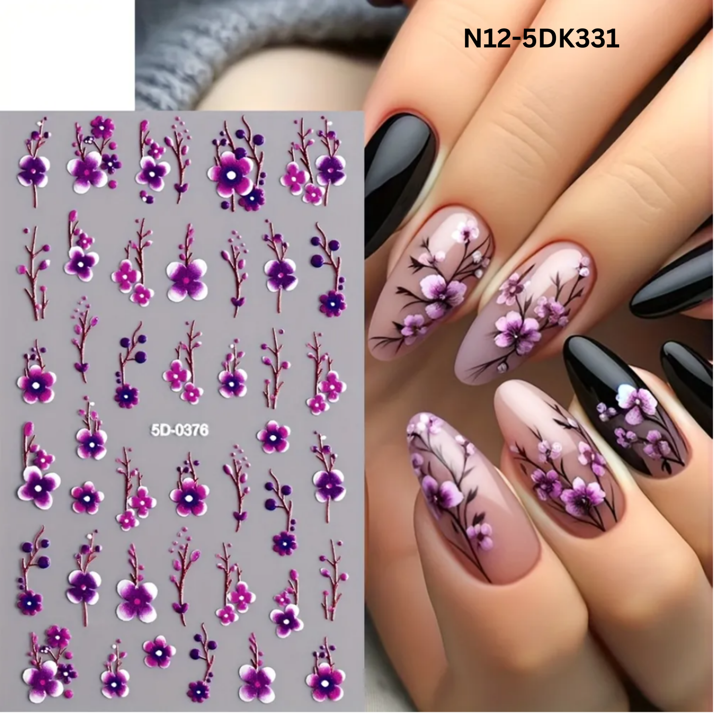 5D Dreamy Purple Floral Nail Art Stickers, Cherry Blossom Flower Stickers,Manicure Decoration, Nail Stickers