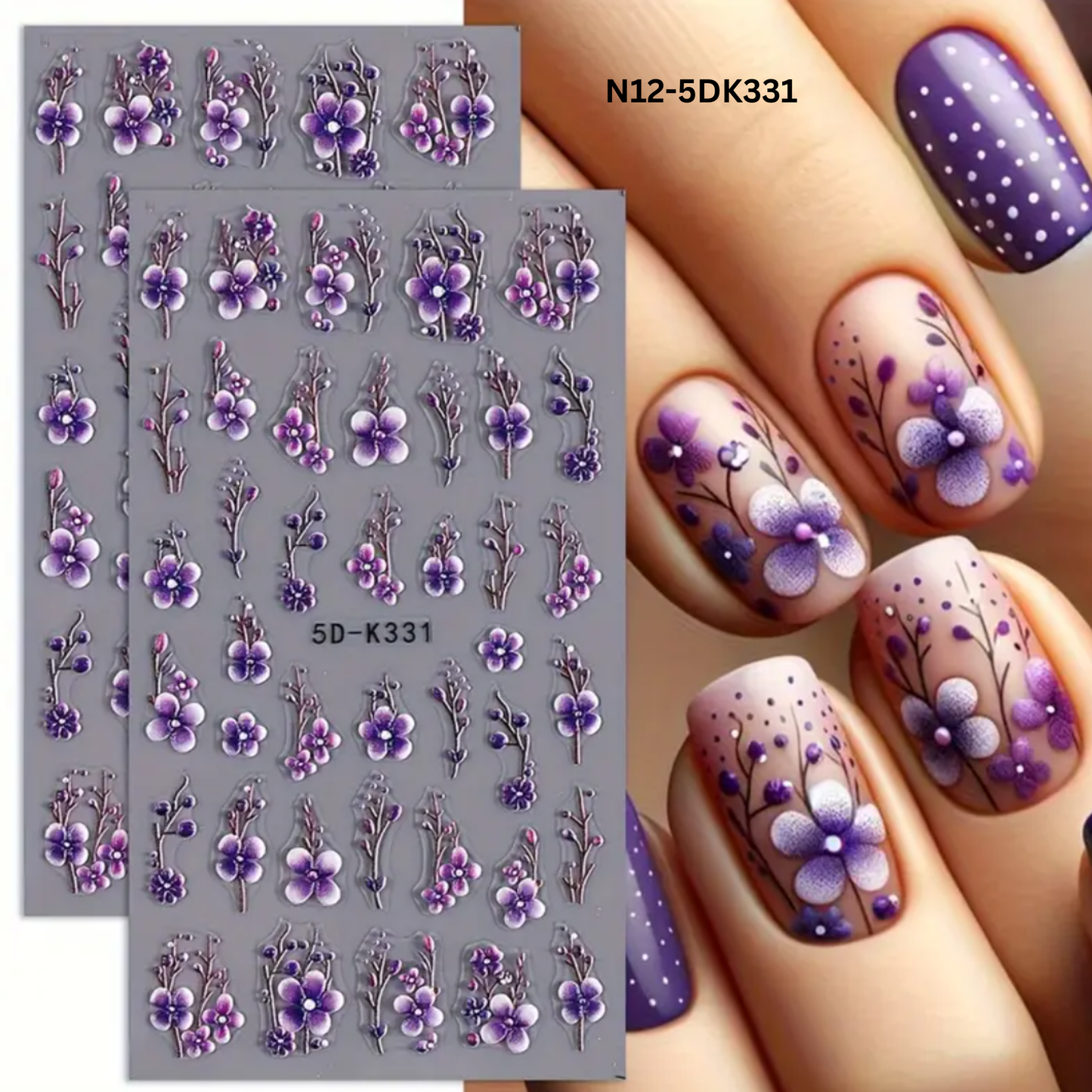 5D Dreamy Purple Floral Nail Art Stickers, Cherry Blossom Flower Stickers,Manicure Decoration, Nail Stickers