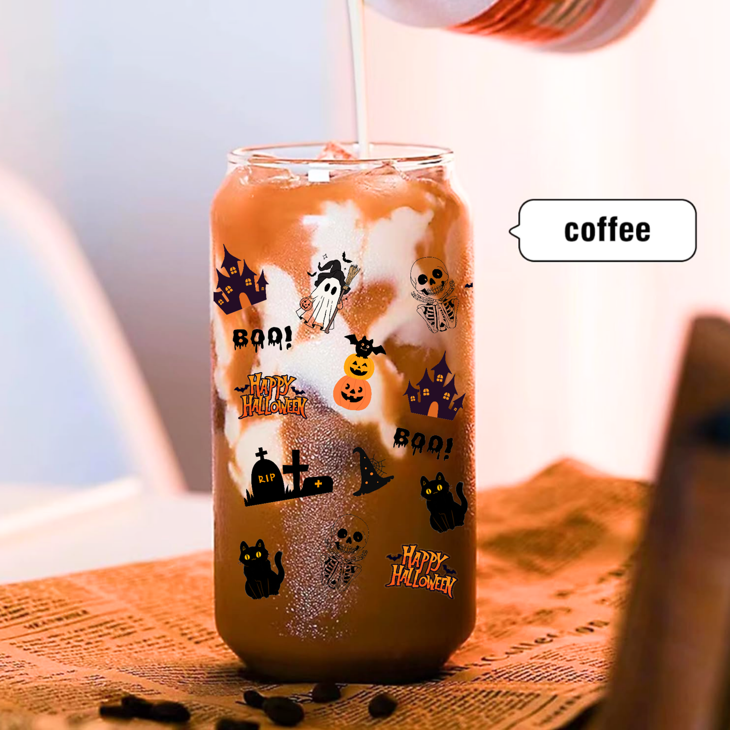 Cute Halloween Glass Tumbler โ Ghost โBooโ, Pumpkin, Witch Hat & Black Cat Design โ 16oz/20oz with Bamboo Lid & Straw