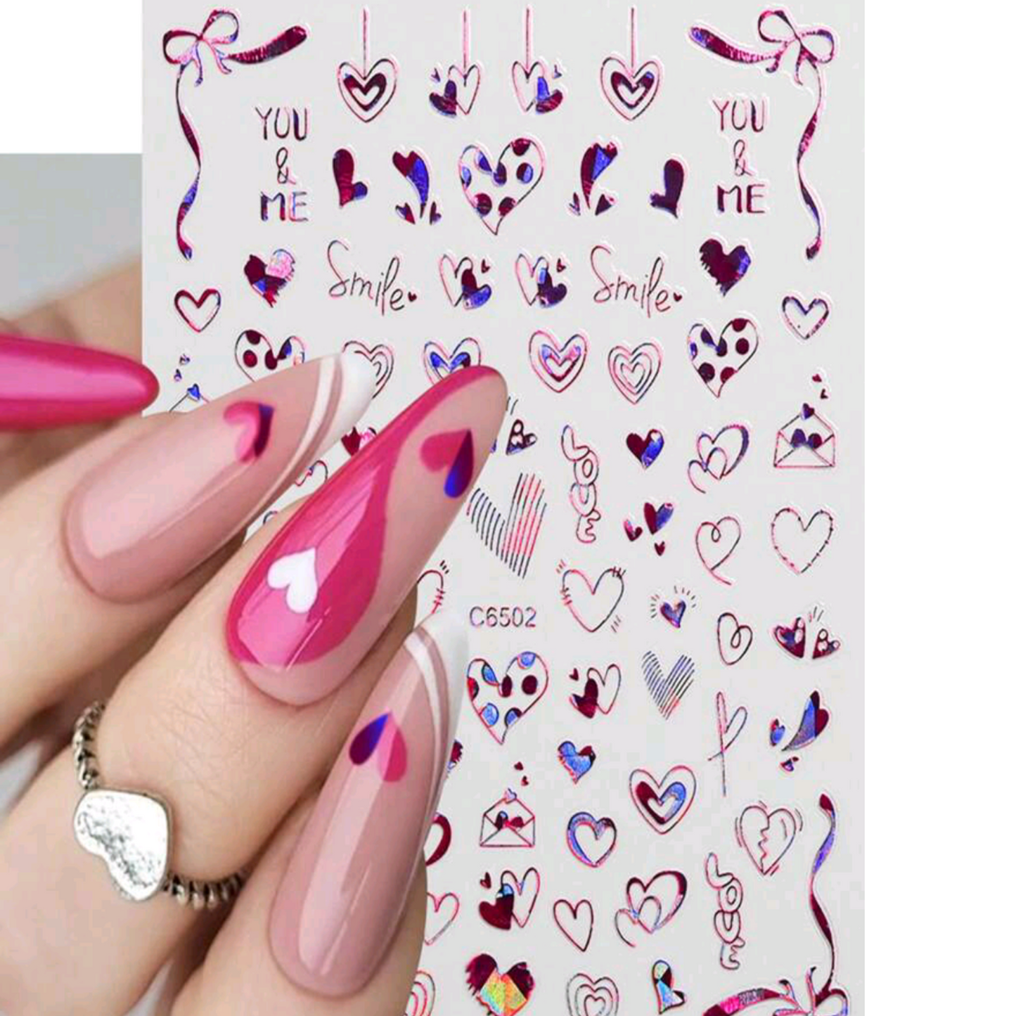 Pink Hologram Love Heart Nail Art Stickers โ Shiny Self-Adhesive Valentine Decals