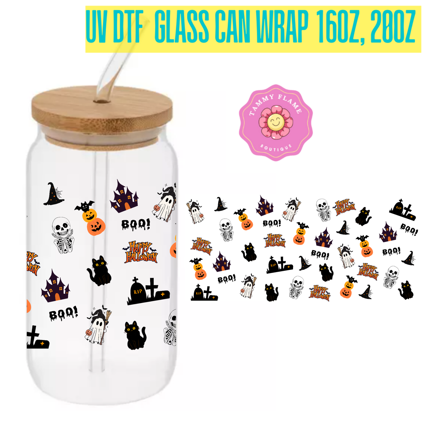 Cute Halloween Glass Tumbler โ Ghost โBooโ, Pumpkin, Witch Hat & Black Cat Design โ 16oz/20oz with Bamboo Lid & Straw