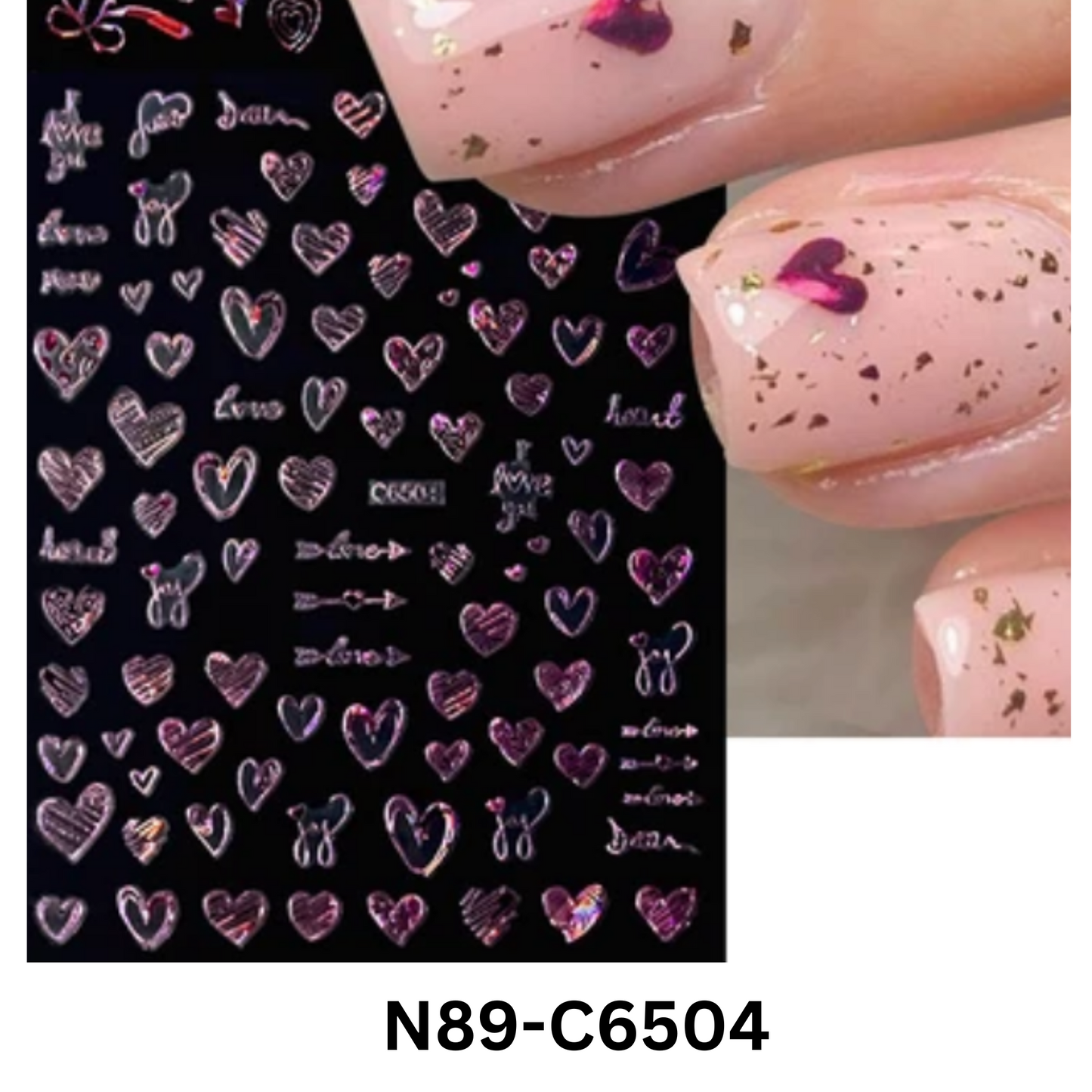 Pink Hologram Love Heart Nail Art Stickers โ Shiny Self-Adhesive Valentine Decals
