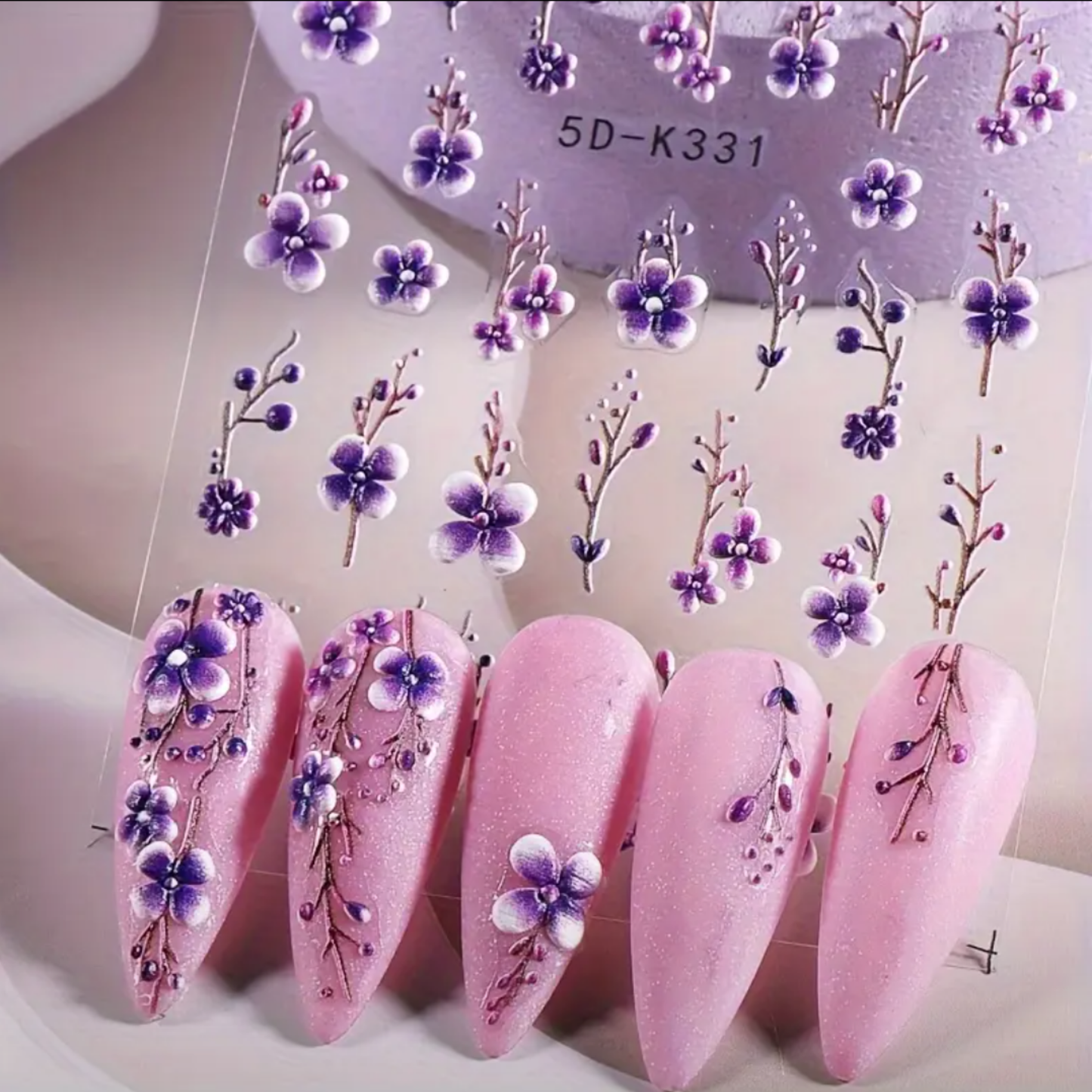 5D Dreamy Purple Floral Nail Art Stickers, Cherry Blossom Flower Stickers,Manicure Decoration, Nail Stickers