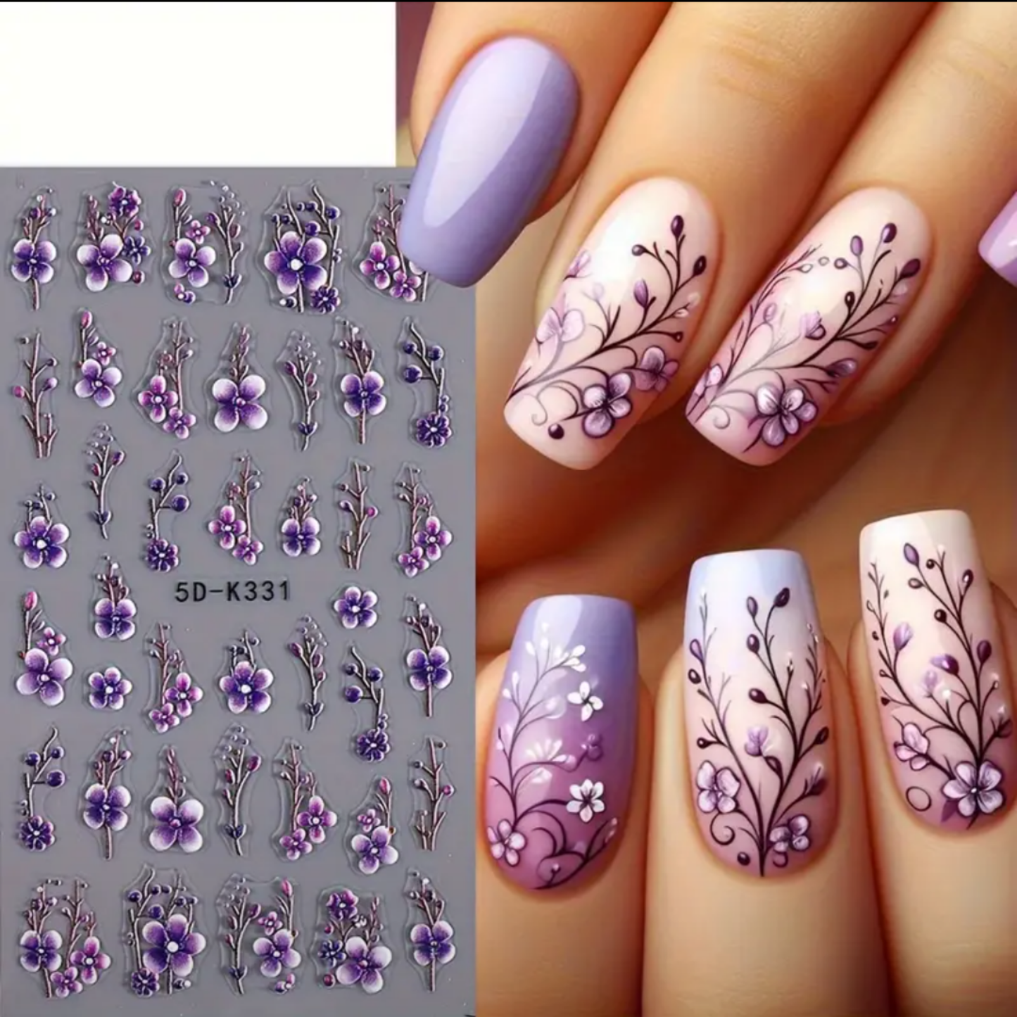5D Dreamy Purple Floral Nail Art Stickers, Cherry Blossom Flower Stickers,Manicure Decoration, Nail Stickers