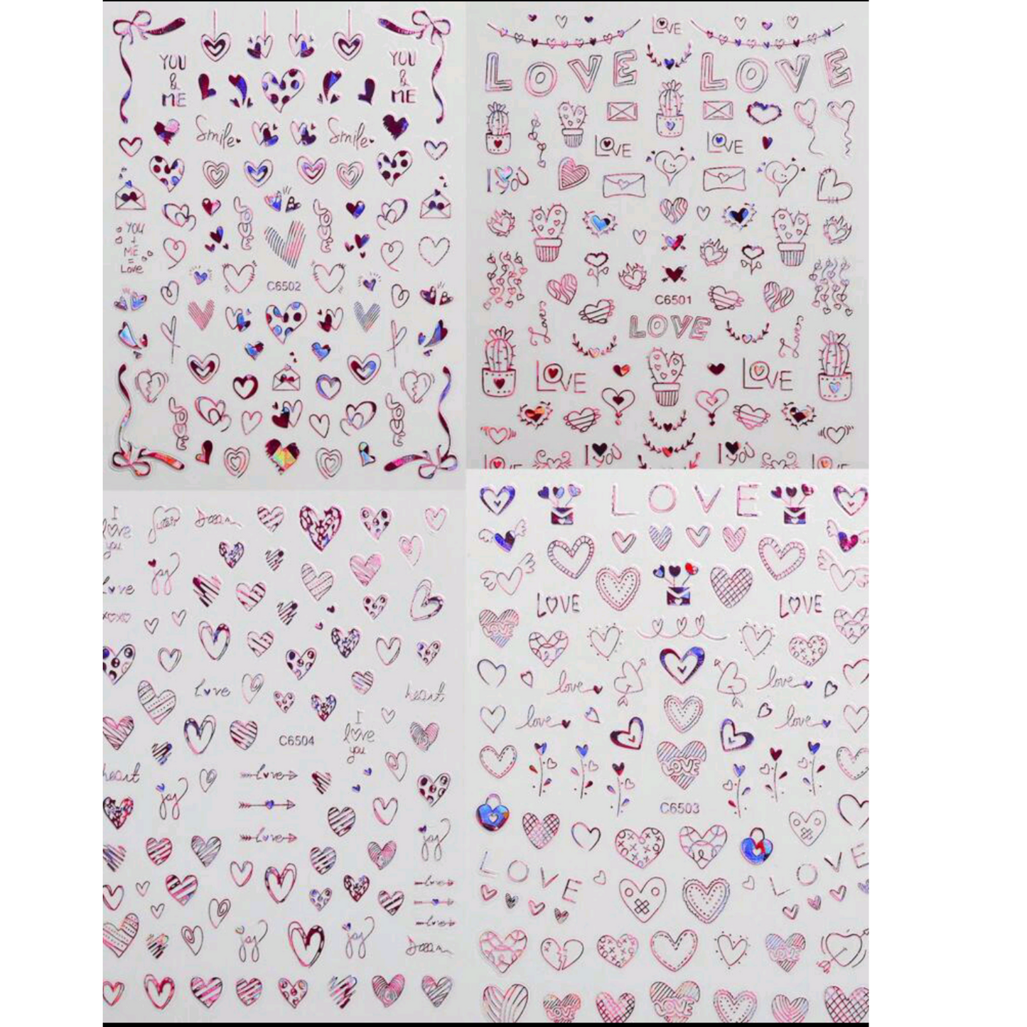 Pink Hologram Love Heart Nail Art Stickers โ Shiny Self-Adhesive Valentine Decals