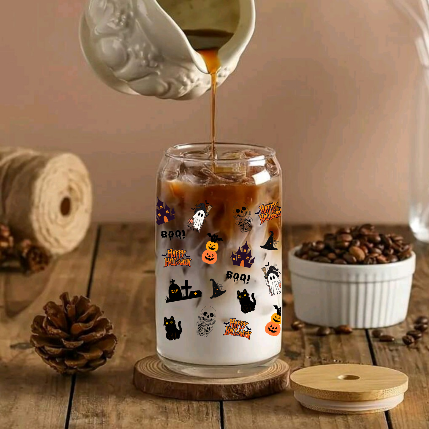 Cute Halloween Glass Tumbler โ Ghost โBooโ, Pumpkin, Witch Hat & Black Cat Design โ 16oz/20oz with Bamboo Lid & Straw