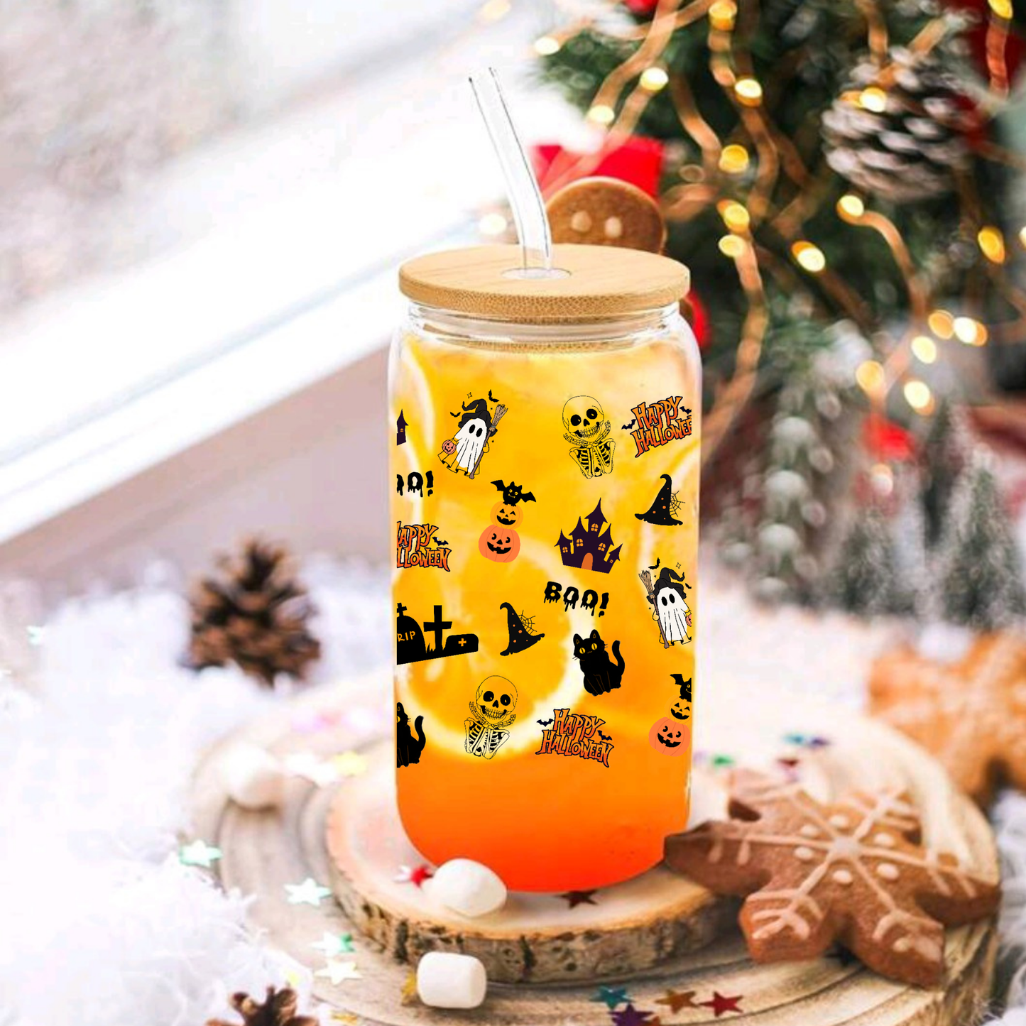 Cute Halloween Glass Tumbler โ Ghost โBooโ, Pumpkin, Witch Hat & Black Cat Design โ 16oz/20oz with Bamboo Lid & Straw