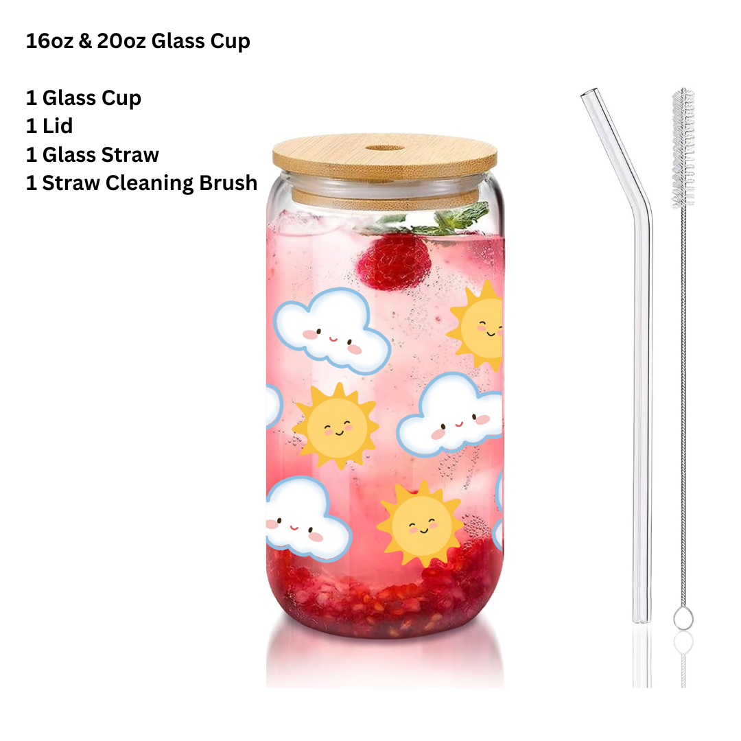 Sun & Cloud Glass Cup with Matching Coaster Cute Aesthetic Can Glass Set Frosted or Clear Cup with Bamboo Lid and Straw
