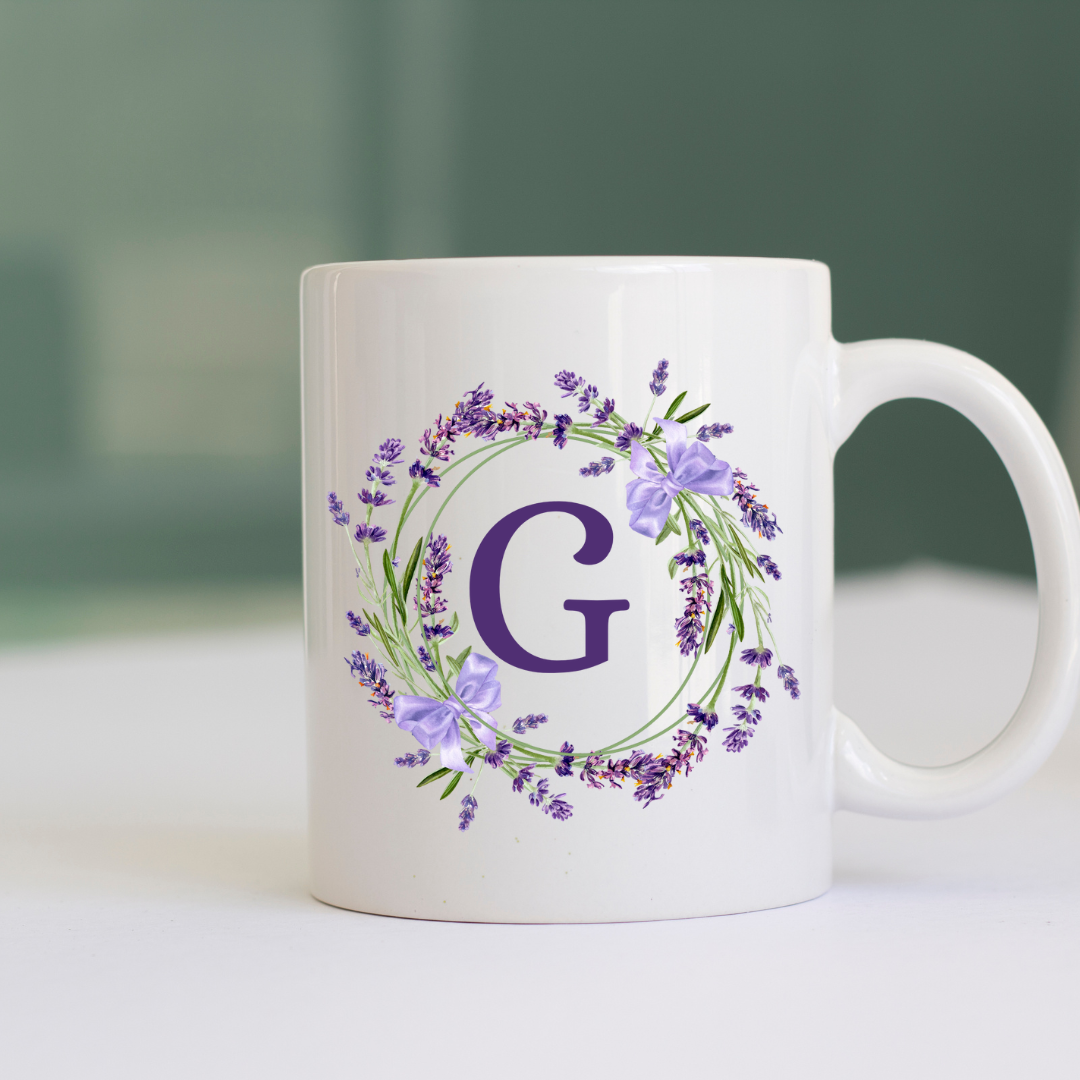 Floral Alphabet Letter A-Z Lavender Wreath Design,Personalized 12oz Ceramic Mug