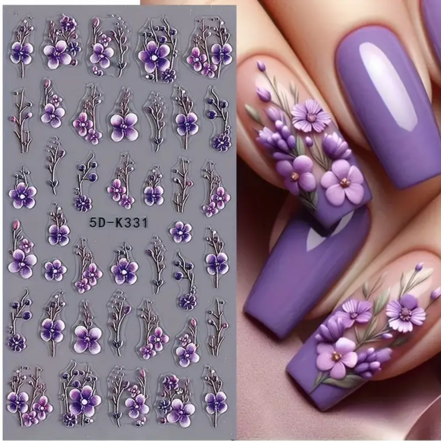 5D Dreamy Purple Floral Nail Art Stickers, Cherry Blossom Flower Stickers,Manicure Decoration, Nail Stickers