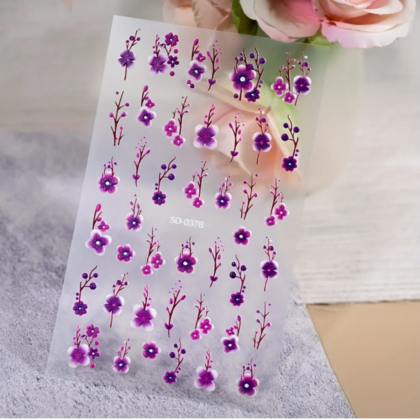 5D Dreamy Purple Floral Nail Art Stickers, Cherry Blossom Flower Stickers,Manicure Decoration, Nail Stickers