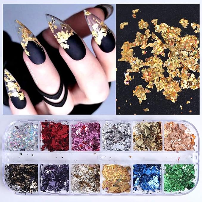 Holographic Nail Glitter Foils, 12 Colors Sparkly Ultra-Thin Foil Nail, Nail design