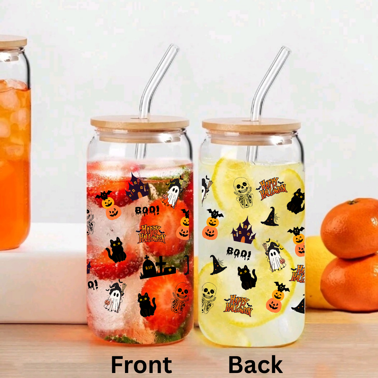 Cute Halloween Glass Tumbler โ Ghost โBooโ, Pumpkin, Witch Hat & Black Cat Design โ 16oz/20oz with Bamboo Lid & Straw