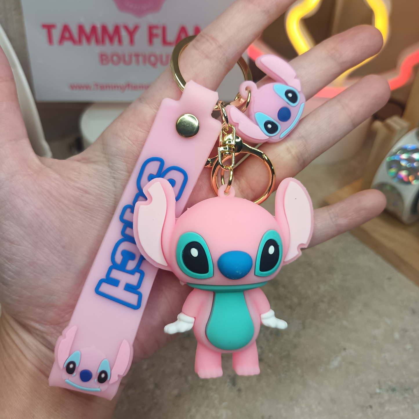 Adorable Pink Stitch Keychain with Strap – Cute Cartoon Bag Charm & Gift Idea