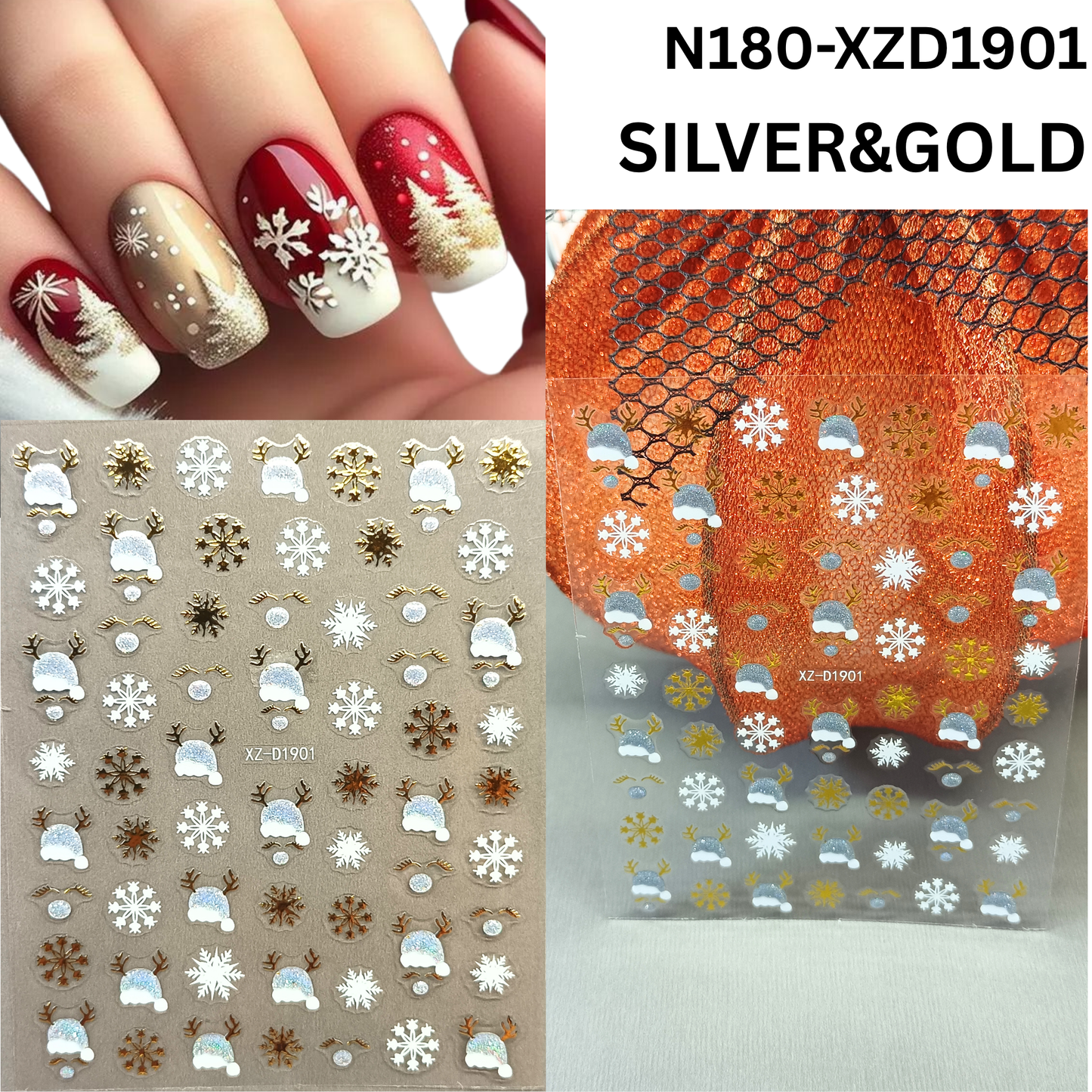 Holiday Nail Stickers 3D Set – 12 Sheets Xmas Reindeer & Snowflake Decals