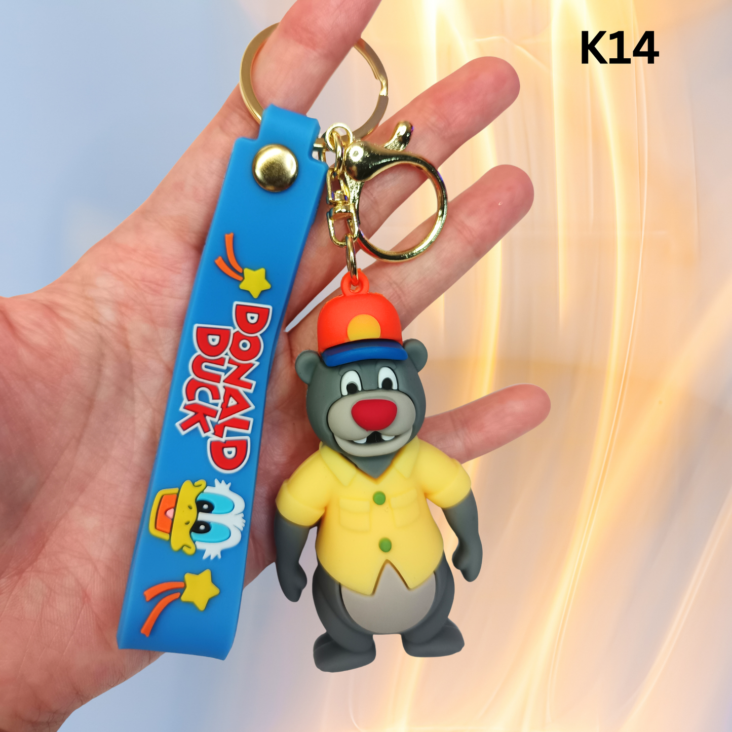Cute Gray Bear Figure Keychain Yellow Shirt Blue Wrist Strap Silicone Key Ring