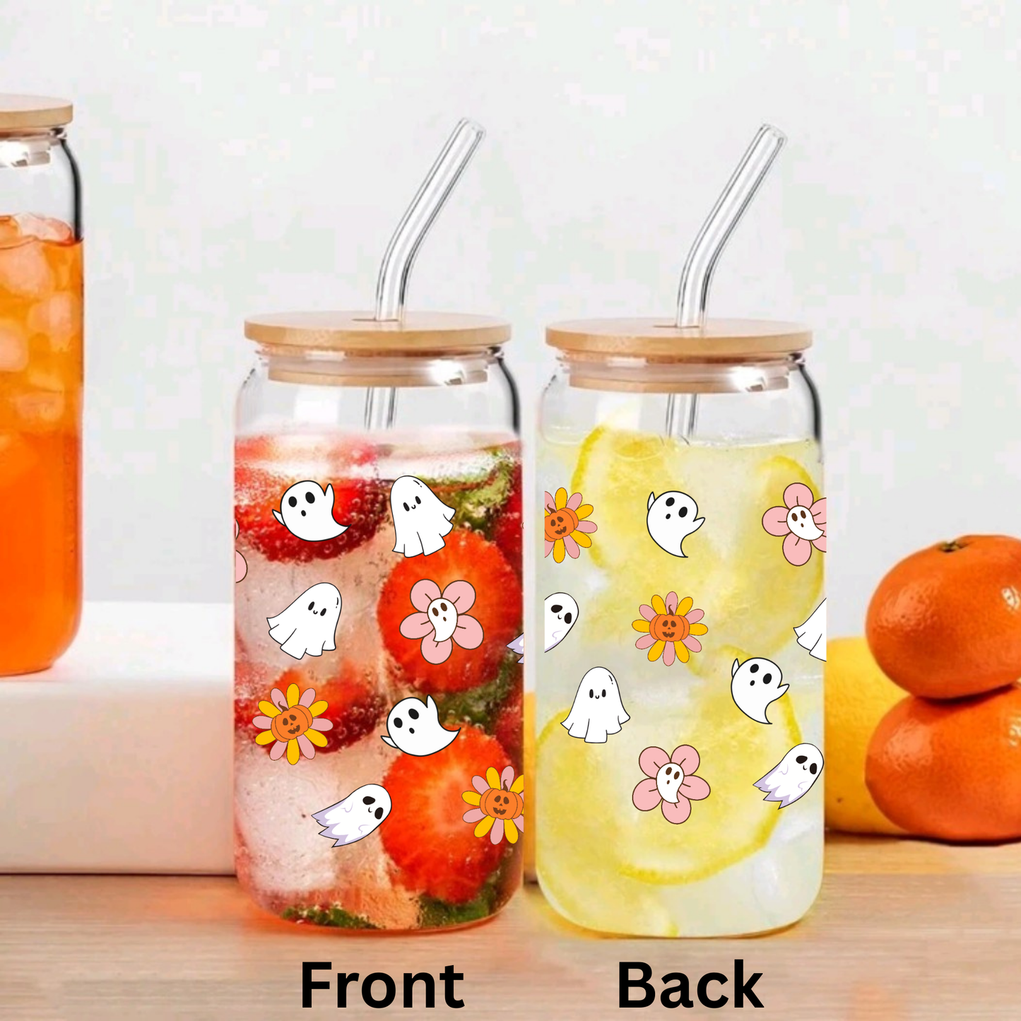 Cute Ghost & Flower Glass Tumbler โ 16oz/20oz with Bamboo Lid & Glass Straw โ Halloween & Autumn Vibes
