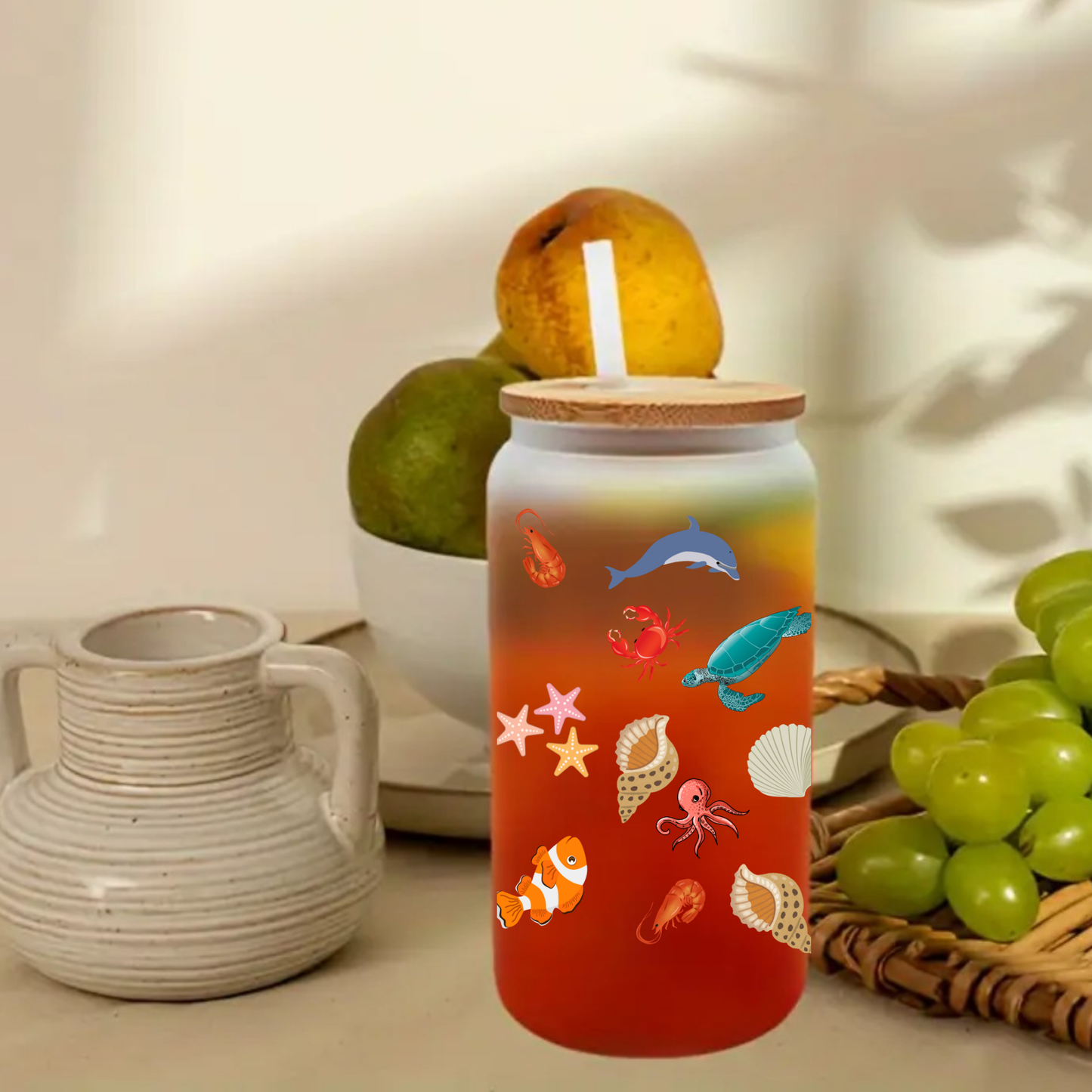 Ocean Animals Glass Cup โ Turtle, Crab, Shrimp โ Frosted 16oz/20oz with Lid & Straw