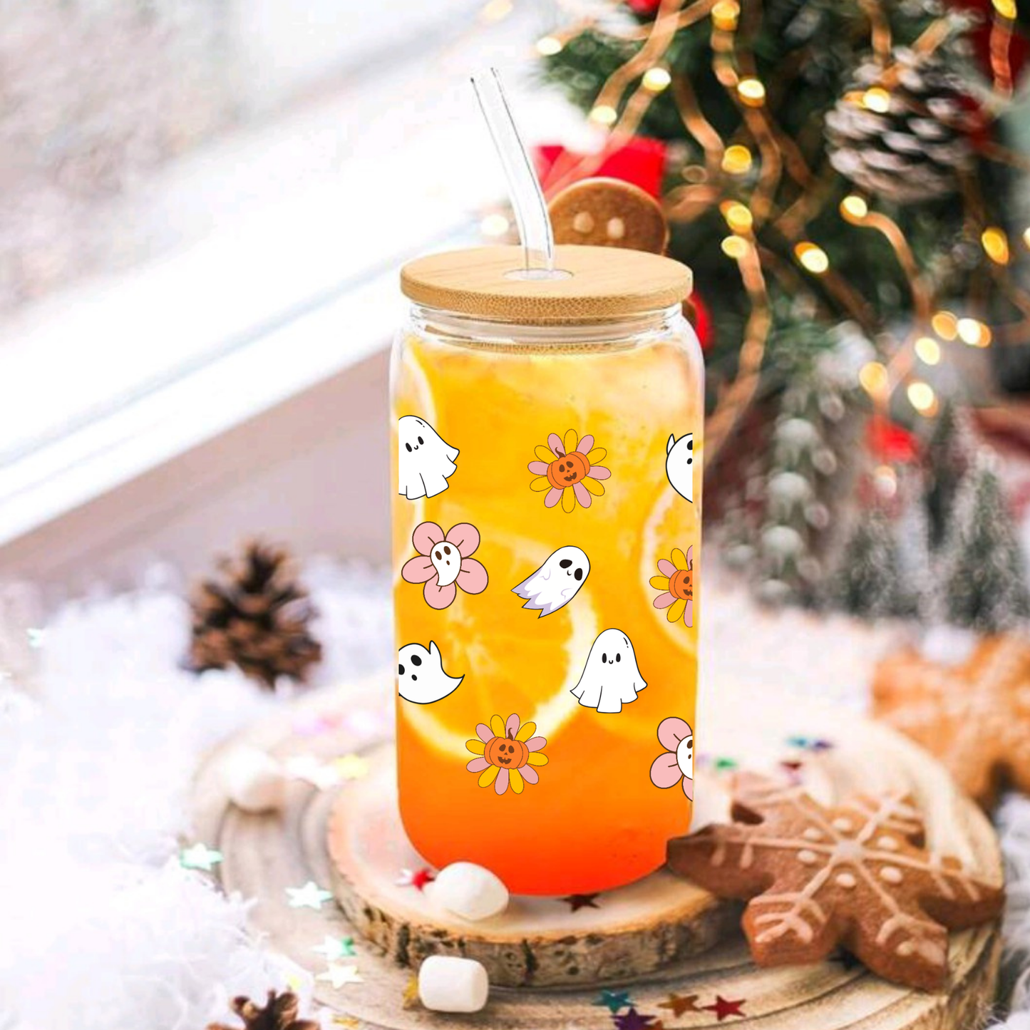 Cute Ghost & Flower Glass Tumbler โ 16oz/20oz with Bamboo Lid & Glass Straw โ Halloween & Autumn Vibes