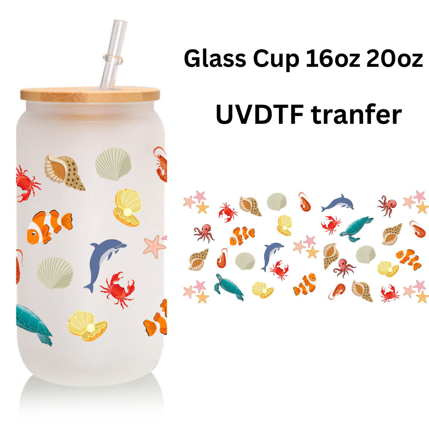 Ocean Animals Glass Cup โ Turtle, Crab, Shrimp โ Frosted 16oz/20oz with Lid & Straw