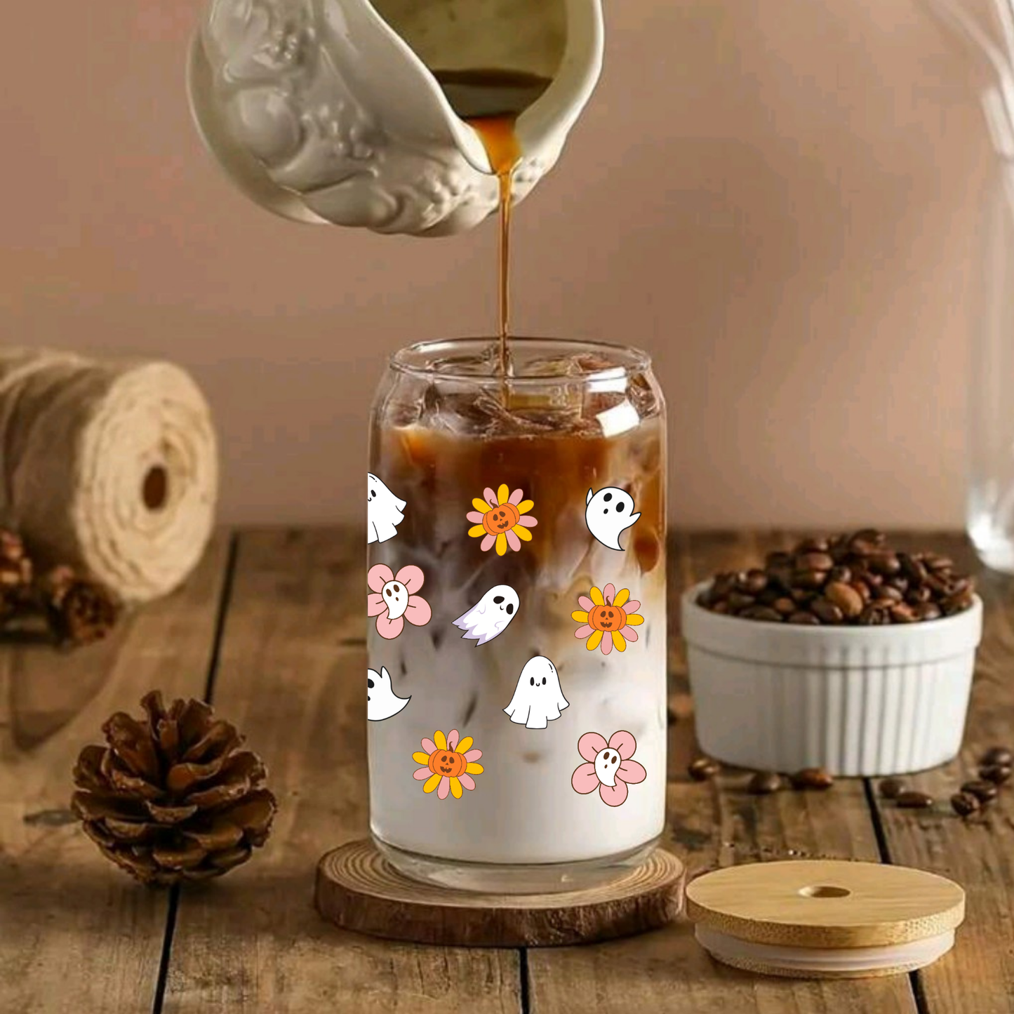Cute Ghost & Flower Glass Tumbler โ 16oz/20oz with Bamboo Lid & Glass Straw โ Halloween & Autumn Vibes